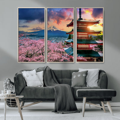 32331262-MGV-CV-36X24-Mount Fuji Japan Wall Art – Cherry Blossom Landscape Canvas Print, Chureito Pagoda Sunset Photography, Japanese Nature Travel