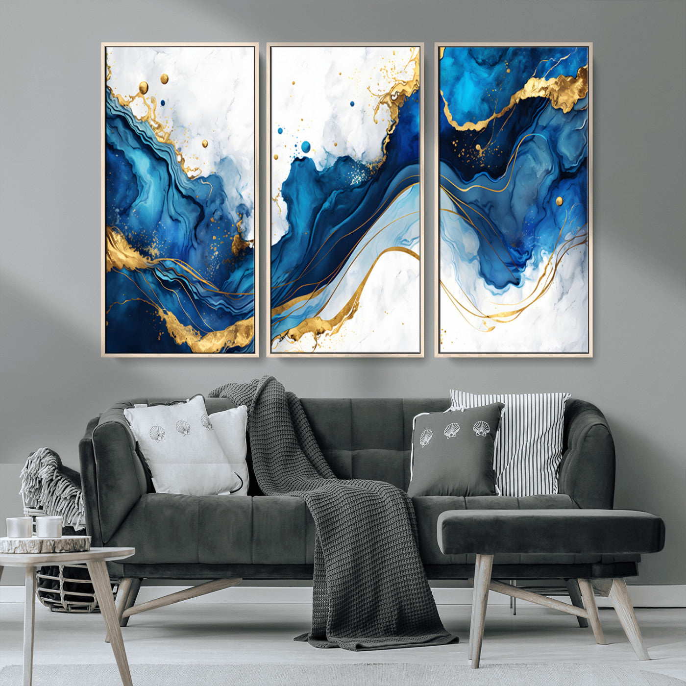 33506371-MGV-CV-36X24-Blue Marble Wall Art Canvas Print, Framed Gold Splash Art Picture Print, Abstract Wave Perfect Modern Luxe Decor Artwork
