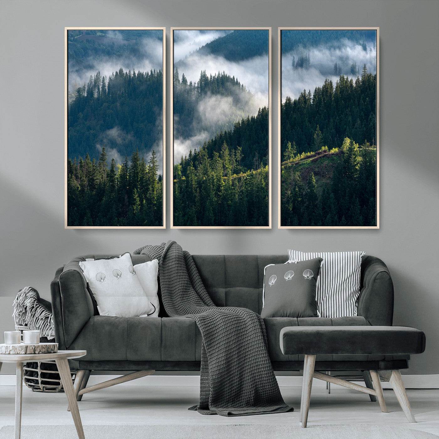 84598503-MGV-CV-36X24-Misty Forest Wall Art Canvas Print, Framed Pine Hills Art Picture Print, Moody Hills Perfect Moody Woodland Decor Artwork