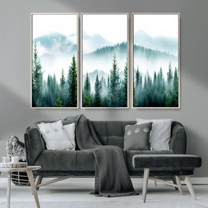 16716676-MGV-CV-36X24-Pine Forest Wall Art Canvas Print, Framed Misty Mountains Art Picture Print, Foggy Trees Perfect Moody Forest Decor Artwork
