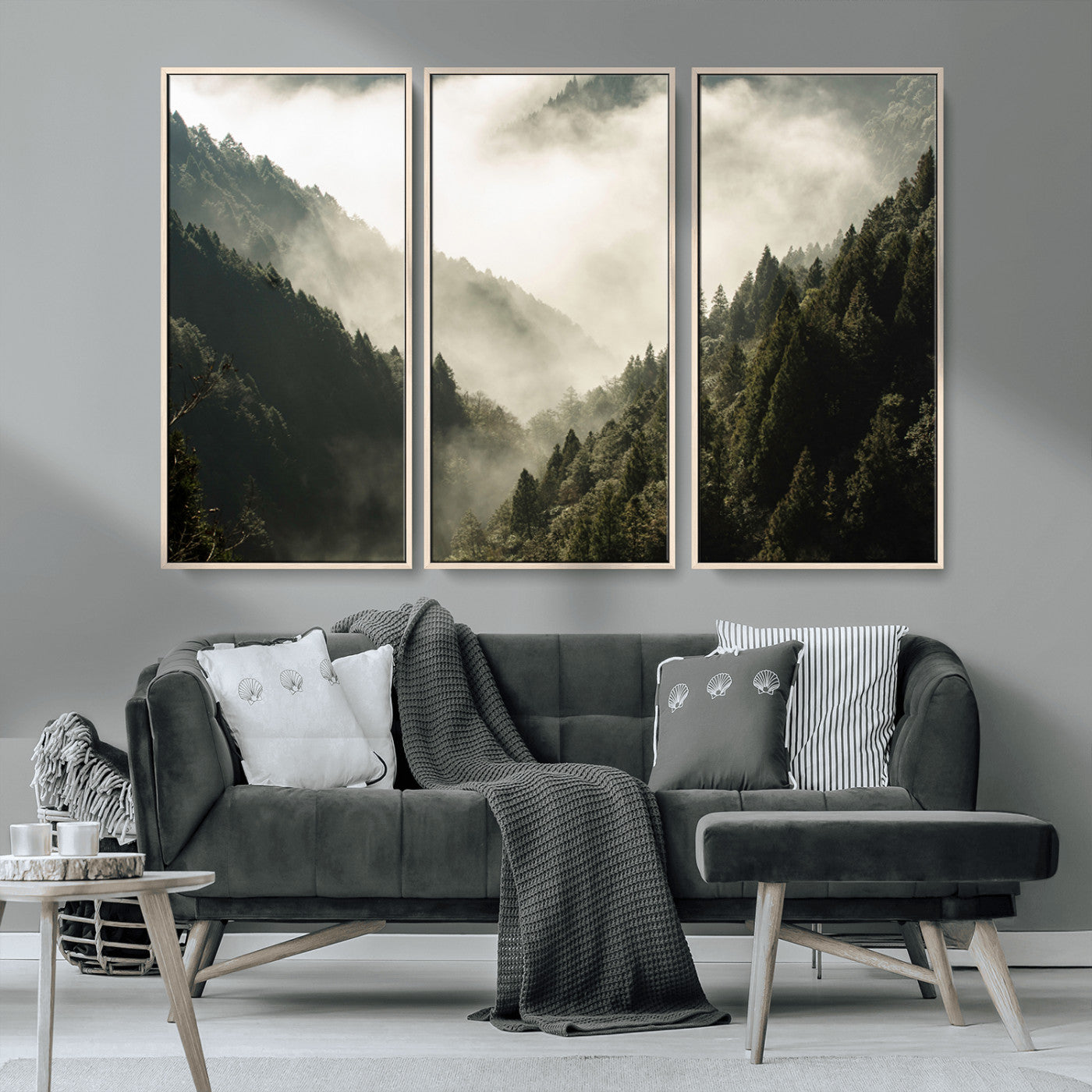 57570237-MGV-FC-48X32-3P_Natural-Misty Valley Wall Art Canvas Print, Framed Foggy Forest Art Picture Print, Pine Trees Perfect Moody Woodland Decor Artwork