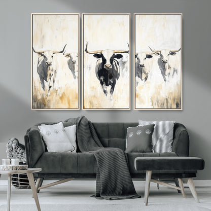 40397799-MGV-CV-36X24-Texas Longhorn Wall Art Canvas Print, Framed Rustic Herd Art Picture Print, Western Bull Perfect Neutral Western Decor Artwork