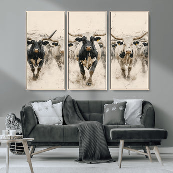 61538944-MGV-CV-36X24-Texas Longhorn Wall Art Canvas Print, Framed Cattles Walking Art Picture Print, Black White Bulls Perfect Rustic Western Decor