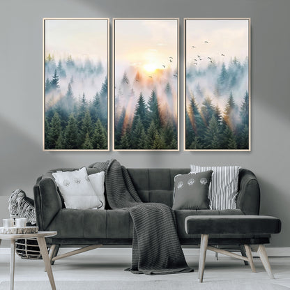 92718976-MGV-CV-36X24-Misty Forest Wall Art Canvas Print, Framed Sunrise Pines Art Picture Print, Foggy Woodland Perfect Moody Woodland Decor Artwork