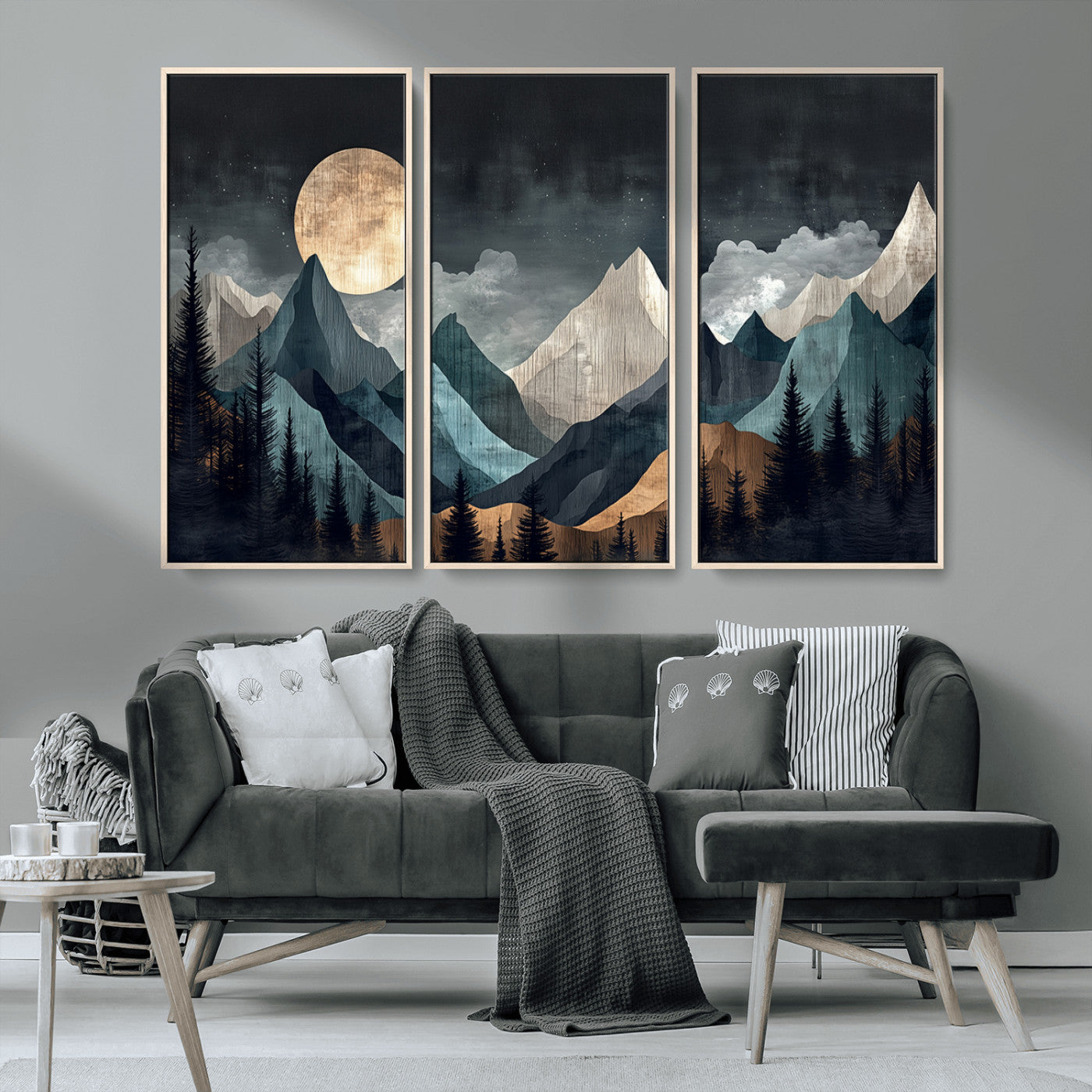 11060882-MGV-CV-36X24-Moonlit Mountains Wall Art Canvas Print, Framed Forest Silhouette Art Picture Print, Night Landscape Perfect Modern Forest Decor