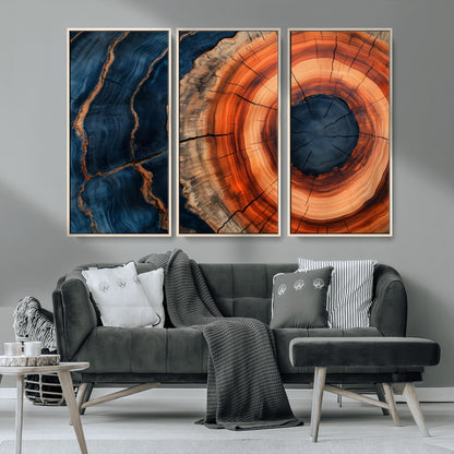 41123192-MGV-CV-36X24-Tree Ring Canvas Wall Art – Abstract Blue Orange Wood Grain Print, Rustic Modern Nature Artwork for Living Room, Bedroom, Office