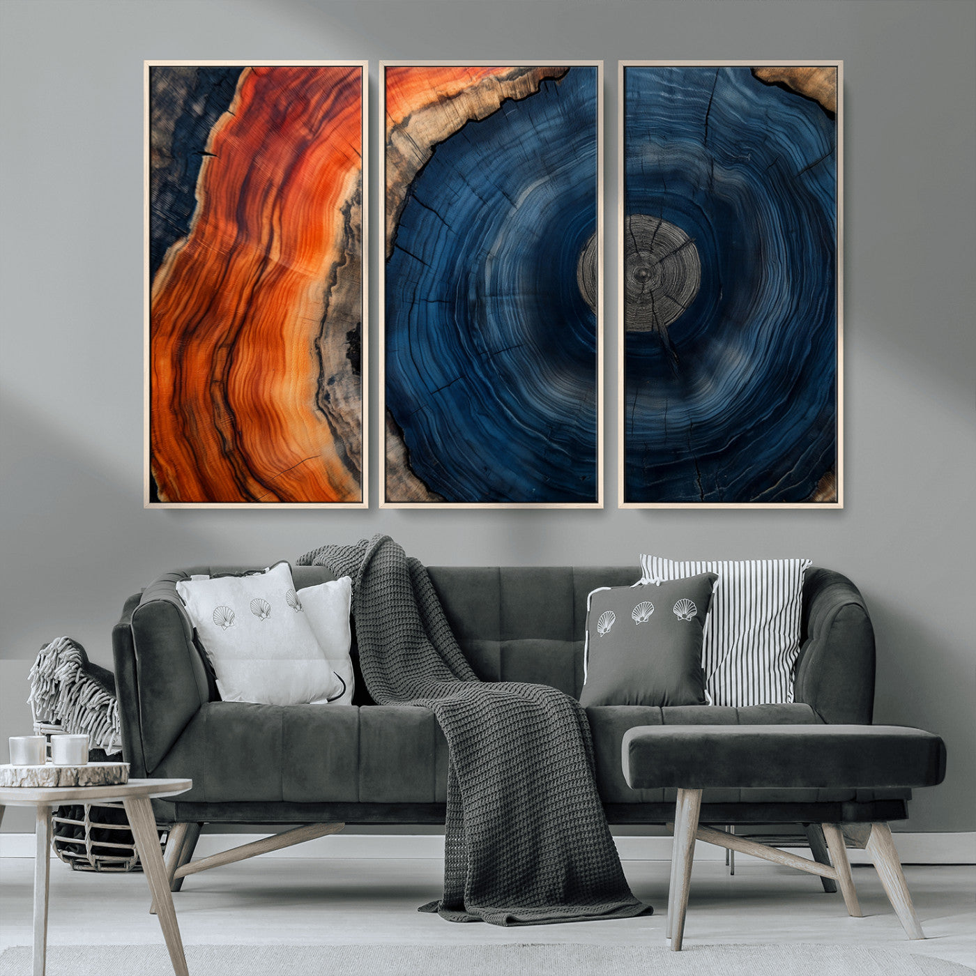 99491700-MGV-CV-36X24-Tree Ring Canvas Wall Art – Blue Orange Abstract Wood Grain Print, Rustic Modern Nature Artwork for Living Room, Office, Bedroom