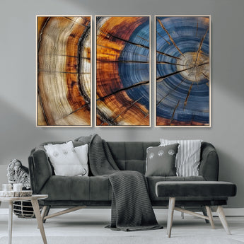 18032999-MGV-CV-36X24-Tree Ring Wall Art – Blue Brown Abstract Wood Slice Canvas Print, Rustic Modern Nature Decor for Living Room, Office, Bedroom or