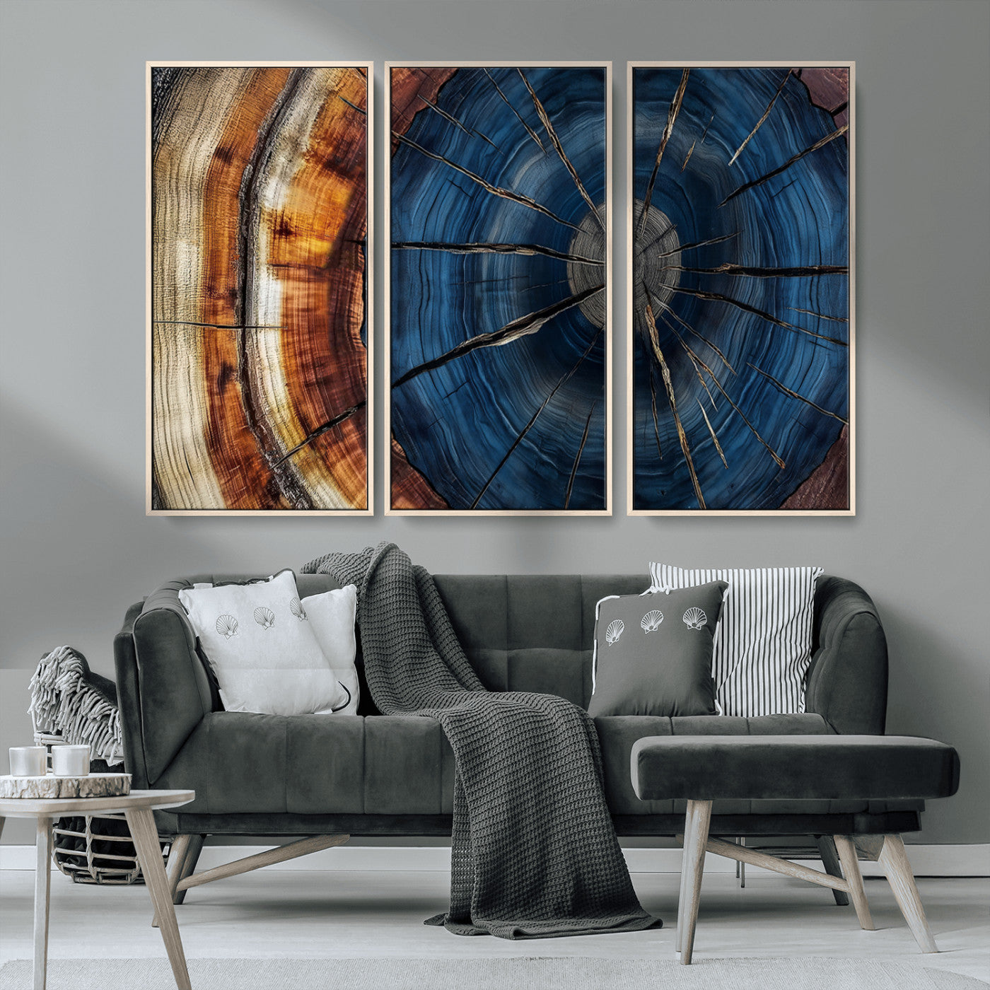 60099360-MGV-CV-36X24-Blue Tree Ring Wall Art – Rustic Wood Grain Canvas Print, Modern Abstract Artwork with Natural Texture for Living Room, Bedroom,