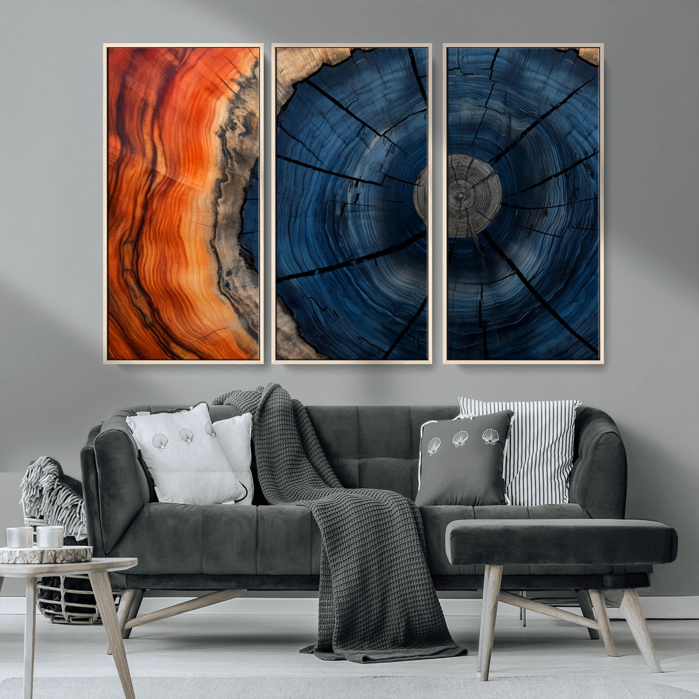 26110607-MGV-FC-48X32-3P_Natural-Blue and Orange Tree Ring Wall Art – Abstract Wood Cross Section Canvas Print, Modern Rustic Nature Decor for Living Room, Office,