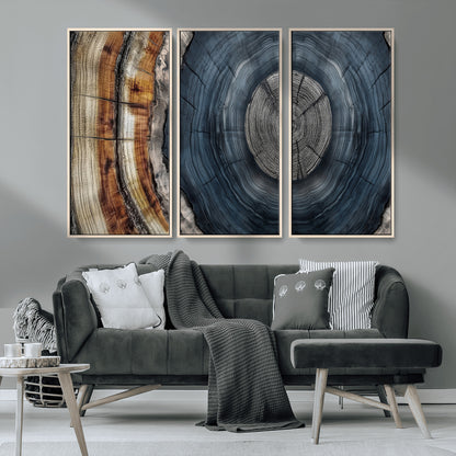 91368647-MGV-CV-36X24-Smoky Blue Tree Ring Wall Art – Rustic Wood Cross Section Canvas Print, Modern Nature Inspired Decor for Living Room, Office, or