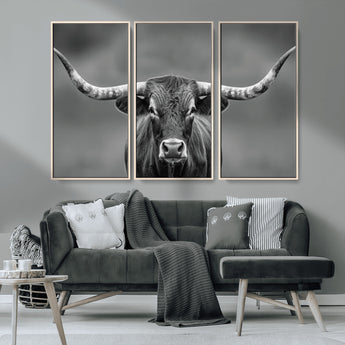 81228550-MGV-CV-36X24-Framed Texas Longhorn Bull Art Canvas Print, Western Bull Wall Art Print, Long Horn Bull Photo Print for Log Cabin, Large Bull