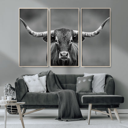 81228550-MGV-CV-36X24-Framed Texas Longhorn Bull Art Canvas Print, Western Bull Wall Art Print, Long Horn Bull Photo Print for Log Cabin, Large Bull