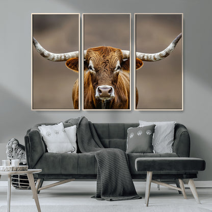 12179171-MGV-CV-36X24-Texas Longhorn Wall Art Canvas Print, Framed Brown Bull Art Picture Print, Lone Cattle Perfect Rustic Western Decor Artwork