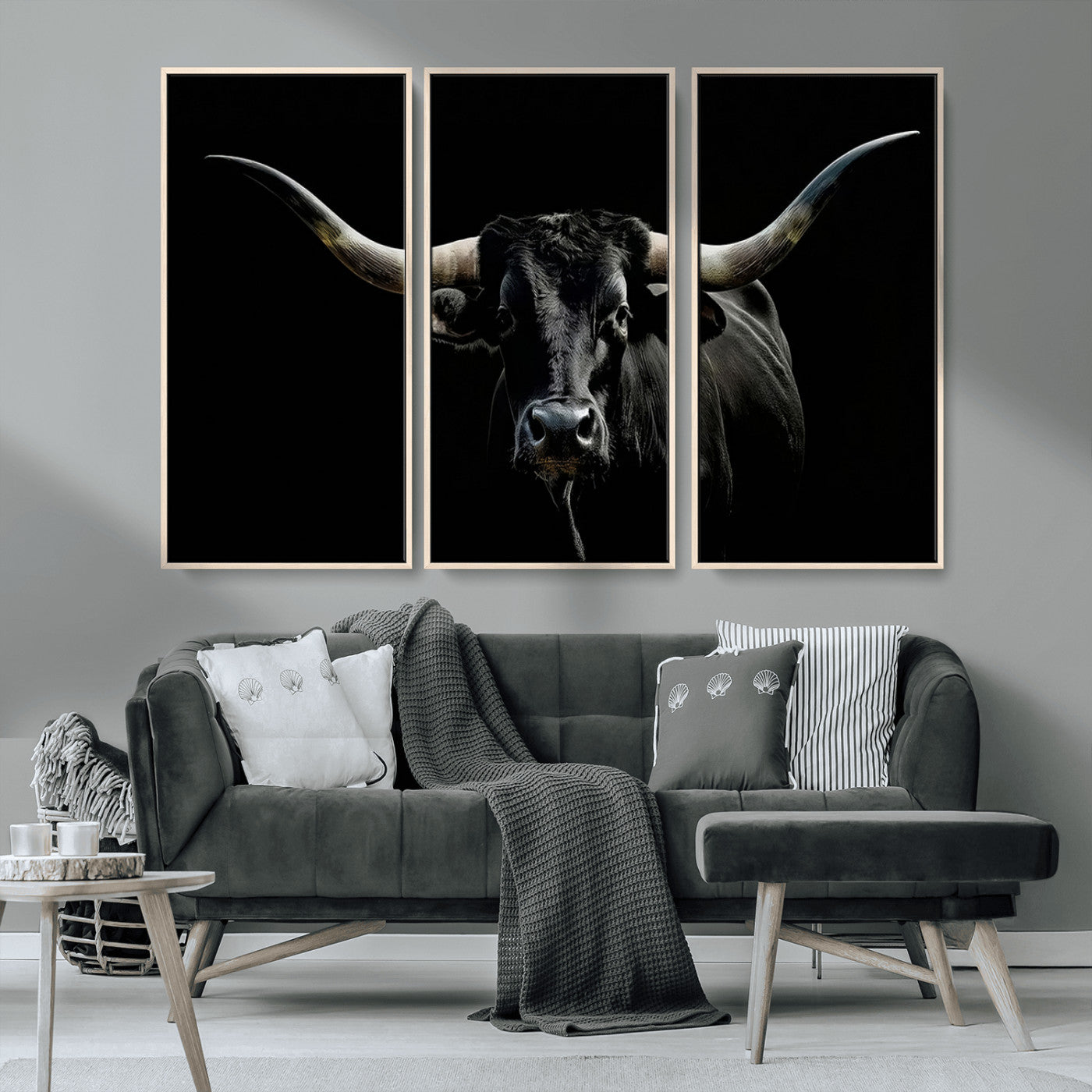 37531960-MGV-FC-48X32-3P_Natural-Black Longhorn Bull Wall Art – Dramatic Western Cattle Canvas Print, Rustic Farmhouse Animal Artwork for Living Room, Bedroom,