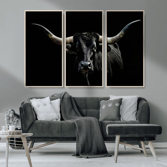 37531960-MGV-FC-48X32-3P_Natural-Black Longhorn Bull Wall Art – Dramatic Western Cattle Canvas Print, Rustic Farmhouse Animal Artwork for Living Room, Bedroom,