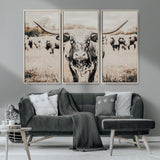 27497342-MGV-CV-36X24-Texas Longhorn Wall Art Canvas Print, Framed Speckled Cow Art Picture Print, Horned Cattle Perfect Rustic Western Decor Artwork