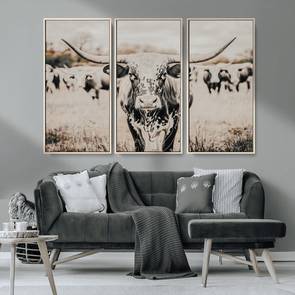 27497342-MGV-CV-36X24-Texas Longhorn Wall Art Canvas Print, Framed Speckled Cow Art Picture Print, Horned Cattle Perfect Rustic Western Decor Artwork