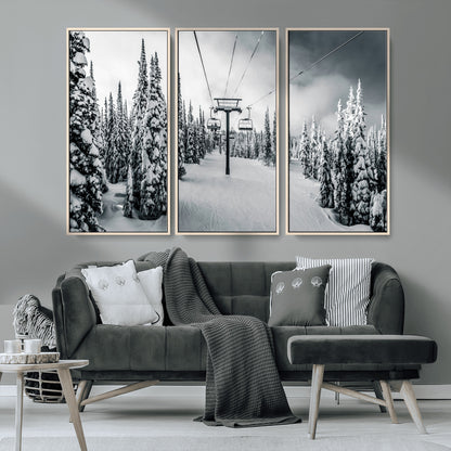 31156828-MGV-CV-36X24-Snowy Pines Wall Art Canvas Print, Framed Ski Lift Art Picture Print, Winter Forest Perfect Moody Lodge Decor Artwork