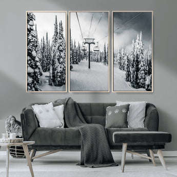 31156828-MGV-CV-36X24-Snowy Pines Wall Art Canvas Print, Framed Ski Lift Art Picture Print, Winter Forest Perfect Moody Lodge Decor Artwork