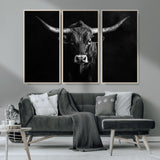 42077175-MGV-CV-36X24-Texas Longhorn Wall Art Canvas Print, Framed Monochrome Bull Art Picture Print, Horned Bull Perfect Rustic Western Decor Artwork