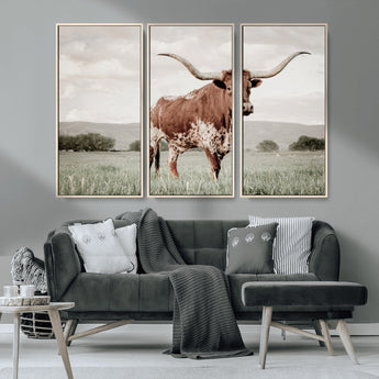 28309012-MGV-CV-36X24-Texas Longhorn Wall Art Canvas Print, Framed Spotted Cattle Art Picture Print, Horned Bull Perfect Rustic Western Decor Artwork