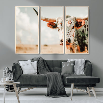 72766375-MGV-CV-36X24-Texas Longhorn Wall Art Canvas Print, Framed Spotted Cow Art Picture Print, Horned Cattle Perfect Rustic Western Decor Artwork