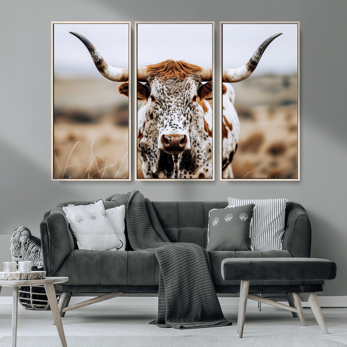 76294381-MGV-CV-36X24-Texas Longhorn Wall Art Canvas Print, Framed Spotted Cow Art Picture Print, Horned Cattle Perfect Rustic Western Decor Artwork