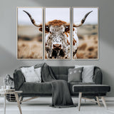 76294381-MGV-CV-36X24-Texas Longhorn Wall Art Canvas Print, Framed Spotted Cow Art Picture Print, Horned Cattle Perfect Rustic Western Decor Artwork