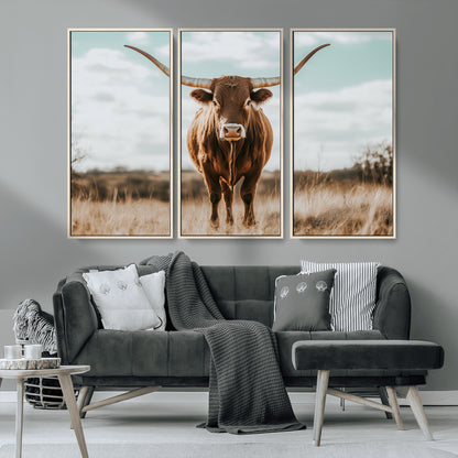39350715-MGV-CV-36X24-Texas Longhorn Wall Art Canvas Print, Framed Longhorn Cow Art Picture Print, Western Cattle Perfect Rustic Western Decor Artwork