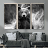 MGV-FC-48X32-3P - Grizzly Bear Wall Art Canvas Print, Framed Black White Bear Art Picture Print, Wild Bear Perfect Rustic Wildlife Decor Artwork