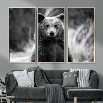MGV-FC-48X32-3P - Grizzly Bear Wall Art Canvas Print, Framed Black White Bear Art Picture Print, Wild Bear Perfect Rustic Wildlife Decor Artwork