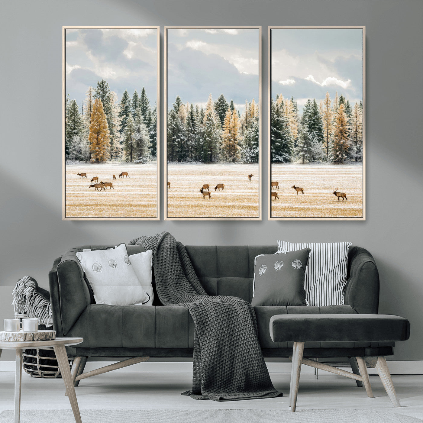 64188182-MGV-CV-36X24-Elk Herd Wall Art Canvas Print, Framed Snowy Forest Art Picture Print, Forest Elks Perfect Neutral Rustic Decor Artwork