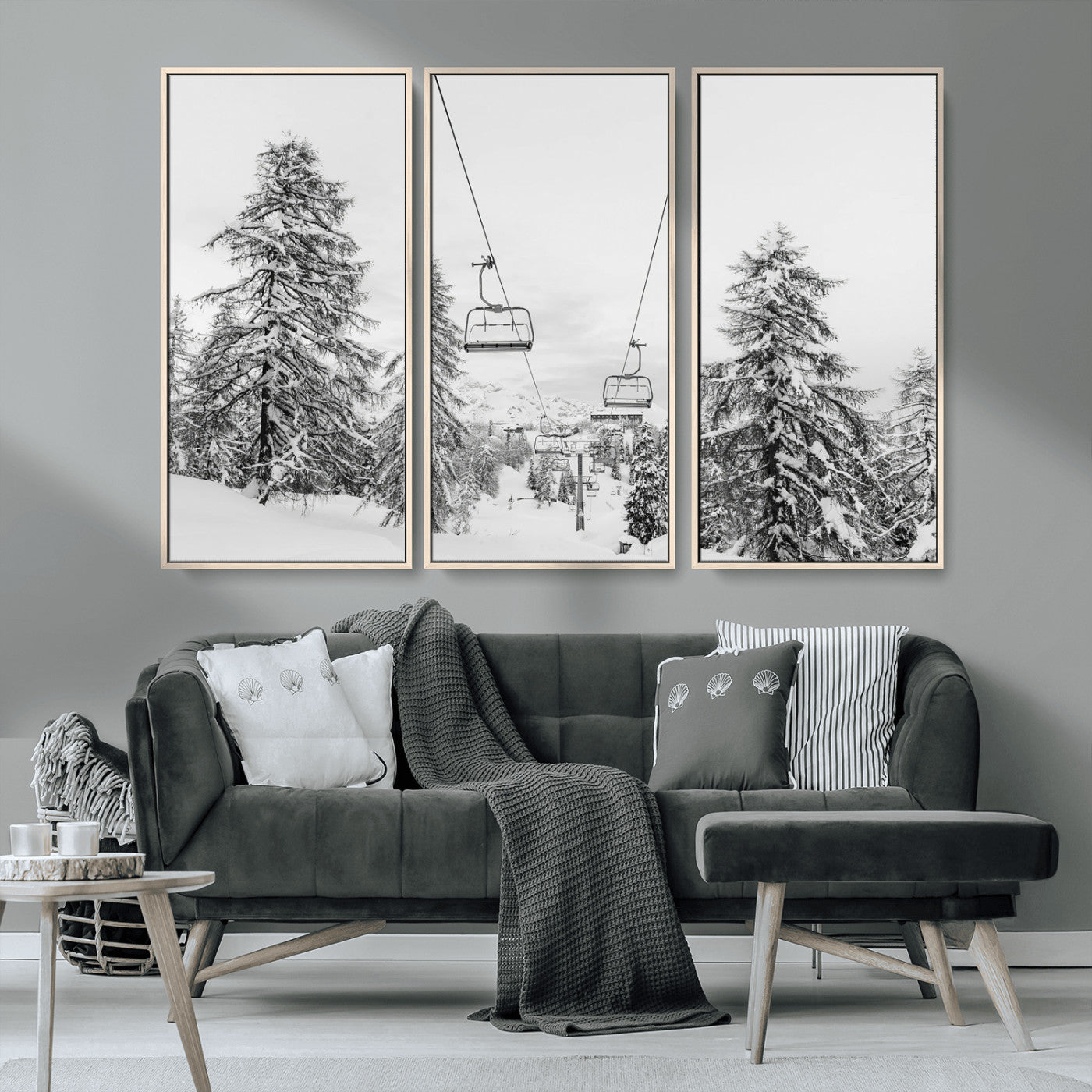 55003599-MGV-CV-36X24-Snowy Ski Lift Wall Art Canvas Print, Framed Winter Forest Art Picture Print, Ski lift Ride Perfect Winter Lodge Decor Artwork