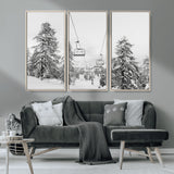 55003599-MGV-CV-36X24-Snowy Ski Lift Wall Art Canvas Print, Framed Winter Forest Art Picture Print, Ski lift Ride Perfect Winter Lodge Decor Artwork