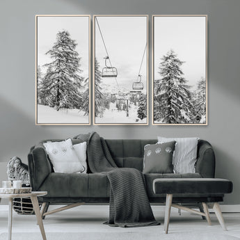 55003599-MGV-CV-36X24-Snowy Ski Lift Wall Art Canvas Print, Framed Winter Forest Art Picture Print, Ski lift Ride Perfect Winter Lodge Decor Artwork