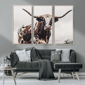 95249234-MGV-CV-36X24-Texas Longhorn Wall Art Canvas Print, Framed Spotted Bull Art Picture Print, Horned Cattle Perfect Rustic Farmhouse Decor Artwork