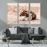 91248682-MGV-FC-48X32-3P_Natural-Texas Longhorn Wall Art Canvas Print, Framed Resting Bull Art Picture Print, Spotted Cattle Perfect Rustic Western Decor Artwork