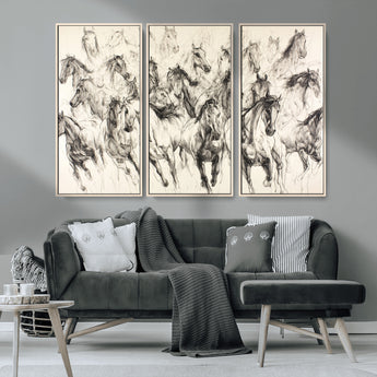 19433417-MGV-CV-36X24-Running Horses Wall Art Canvas Print, Framed Horse Sketch Art Picture Print, Galloping Herd Perfect Monochrome Western Decor