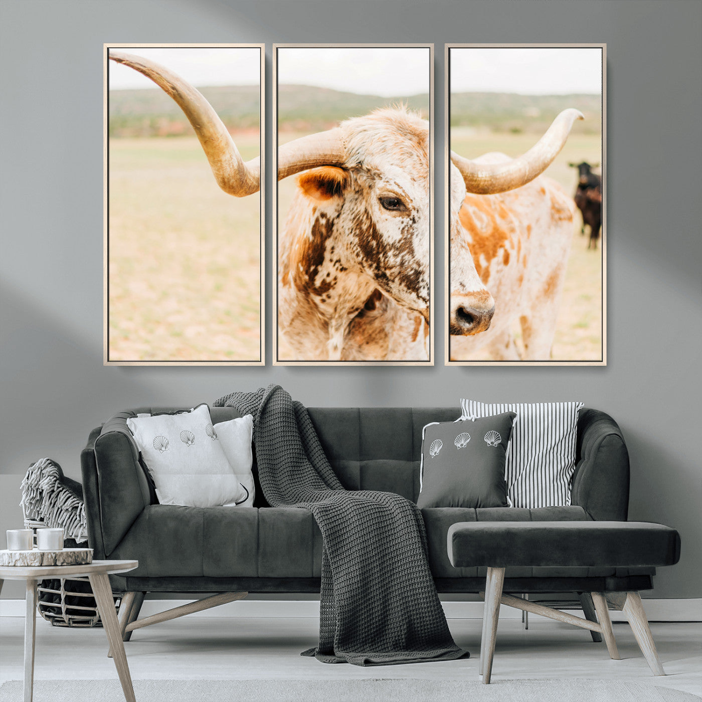 21060648-MGV-CV-36X24-Texas Longhorn Wall Art Canvas Print, Framed Speckled Cow Art Picture Print, Rustic Bull Perfect Rustic Western Decor Artwork