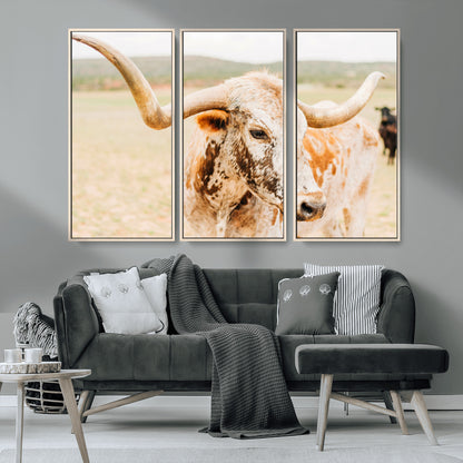 21060648-MGV-CV-36X24-Texas Longhorn Wall Art Canvas Print, Framed Speckled Cow Art Picture Print, Rustic Bull Perfect Rustic Western Decor Artwork