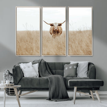20927060-MGV-CV-36X24-Texas Longhorn Wall Art Canvas Print, Framed Lone Cattle Art Picture Print, Longhorn Bull Perfect Rustic Western Decor Artwork
