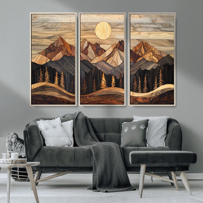 50100230-MGV-FC-48X32-3P_Natural-Wooden Mountain Wall Art – Rustic Nature Landscape Canvas Print, Handmade Style Sun, Forest, and Peaks Artwork for Living Room,