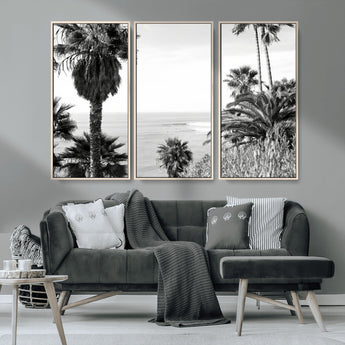 89458520-MGV-CV-36X24-Palm Trees Wall Art Canvas Print, Framed Coastal View Art Picture Print, Ocean Horizon Perfect Monochrome Coast Decor Artwork