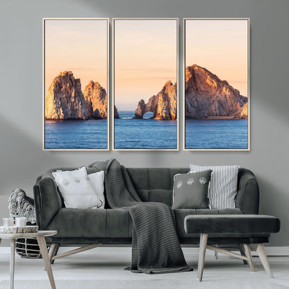 72996116-MGV-CV-36X24-El Arco Wall Art Canvas Print, Framed Cabo Rocks Art Picture Print, Ocean Arch Perfect Golden Coastal Landmark Decor Artwork
