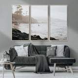 62501405-MGV-CV-36X24-Misty Beach Wall Art Canvas Print, Framed California Surfer Art Picture Print, Coastal Cliff Perfect Coastal Beach Decor Artwork