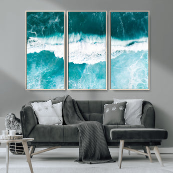 23828594-MGV-CV-36X24-Aerial Waves Wall Art Canvas Print, Framed Ocean Break Art Picture Print, Sea Foam Perfect Tropical Coastal Decor Artwork