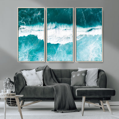 23828594-MGV-CV-36X24-Aerial Waves Wall Art Canvas Print, Framed Ocean Break Art Picture Print, Sea Foam Perfect Tropical Coastal Decor Artwork
