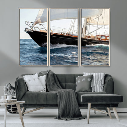97168626-MGV-FC-48X32-3P_Natural-Sailing Yacht Wall Art Canvas Print, Framed Wooden Yacht Art Picture Print, Ocean Waves Perfect Nautical Coastal Decor Artwork