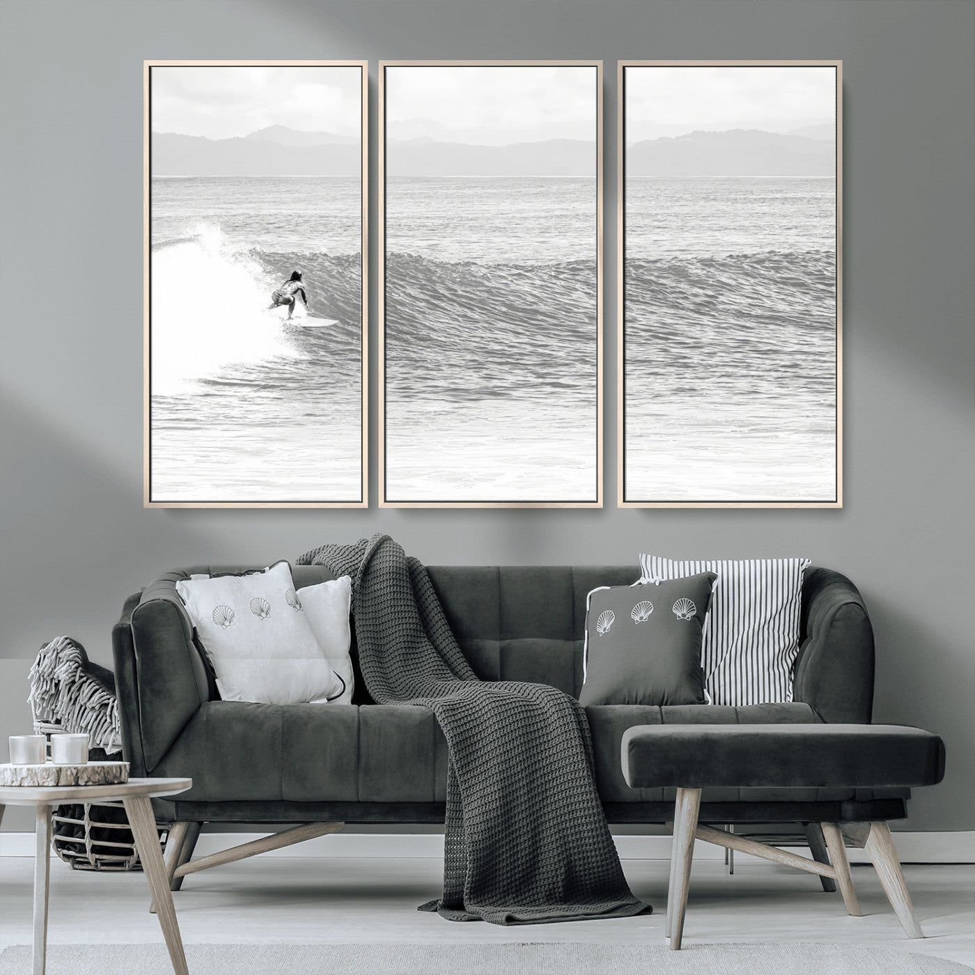 81535128-MGV-CV-36X24-Surfer Woman Wall Art Canvas Print, Framed Black Ocean Art Picture Print, Ocean Surfing Perfect Monochrome Coastal Decor Artwork